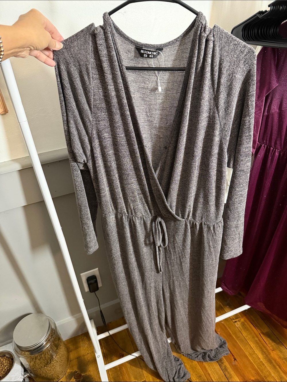 Bloomchic Gray Wrap-Front Long Sleeve jumpsuit